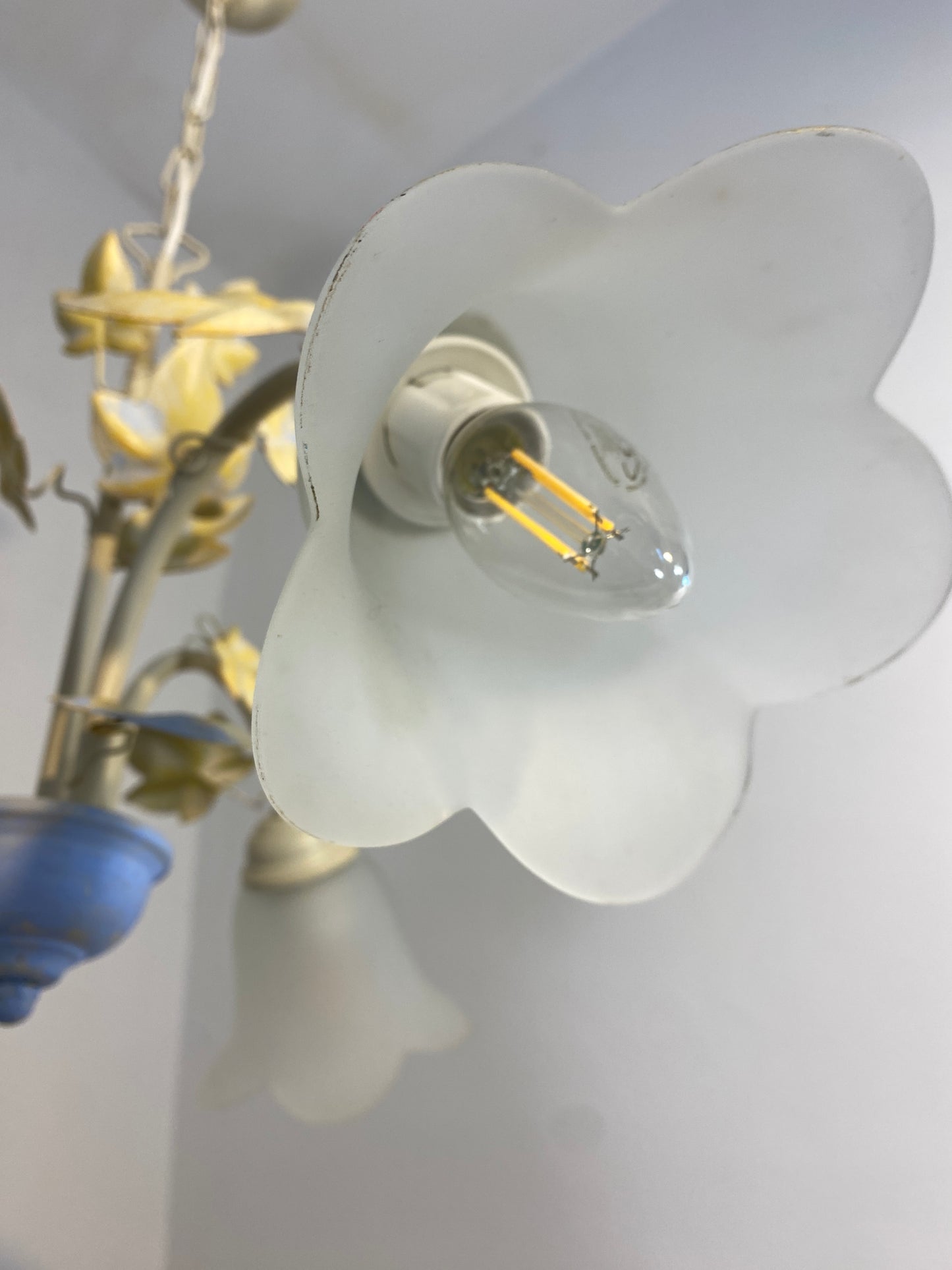 Vintage French Toleware Chandelier Frosted Glass Floral Ivy Shabby Chic 3-Light