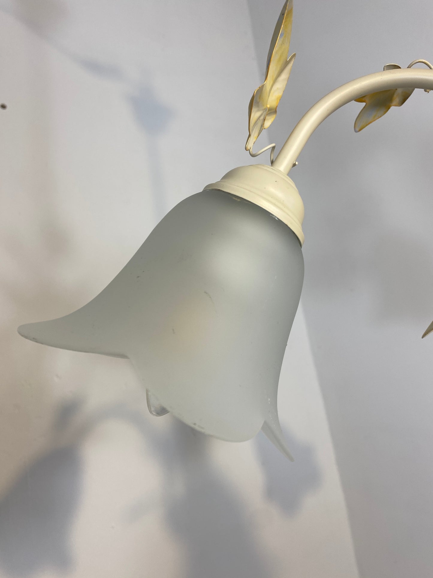 Vintage French Toleware Chandelier Frosted Glass Floral Ivy Shabby Chic 3-Light