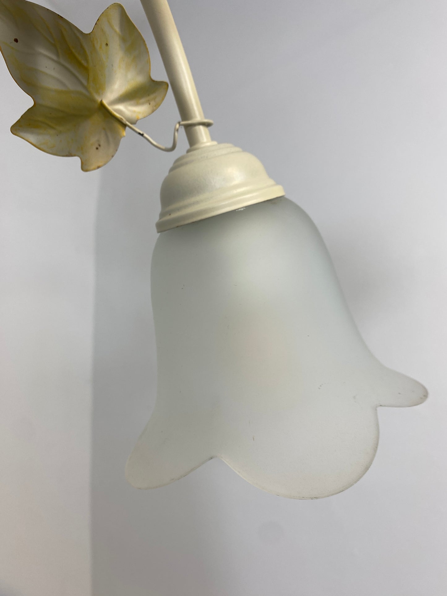 Vintage French Toleware Chandelier Frosted Glass Floral Ivy Shabby Chic 3-Light