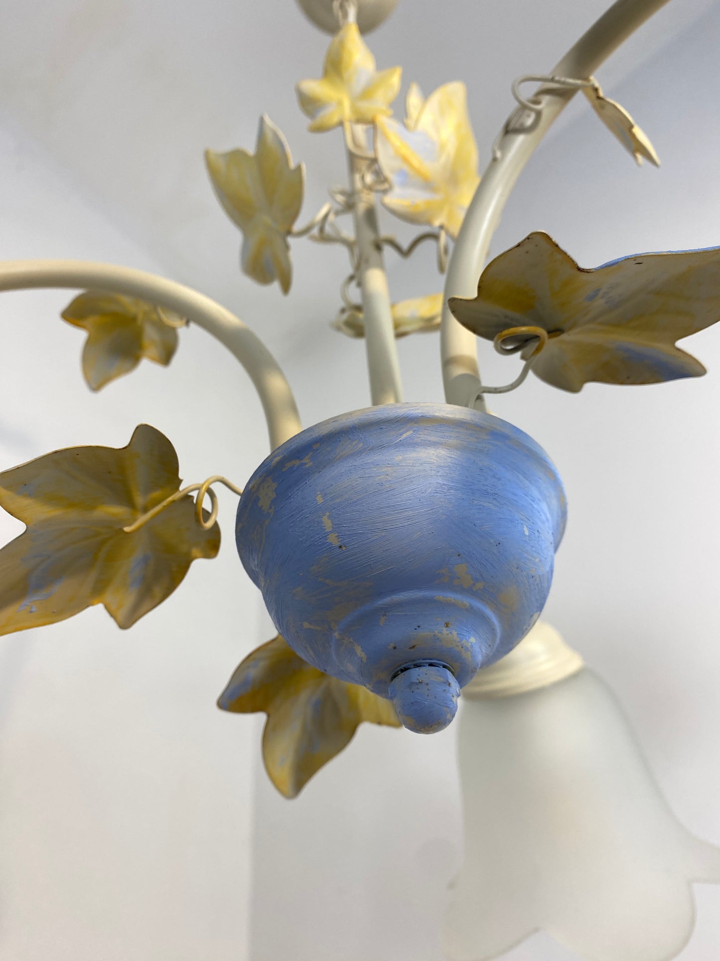 Vintage French Toleware Chandelier Frosted Glass Floral Ivy Shabby Chic 3-Light
