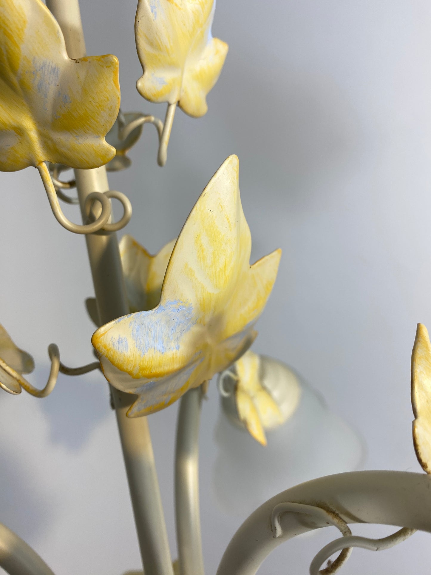 Vintage French Toleware Chandelier Frosted Glass Floral Ivy Shabby Chic 3-Light