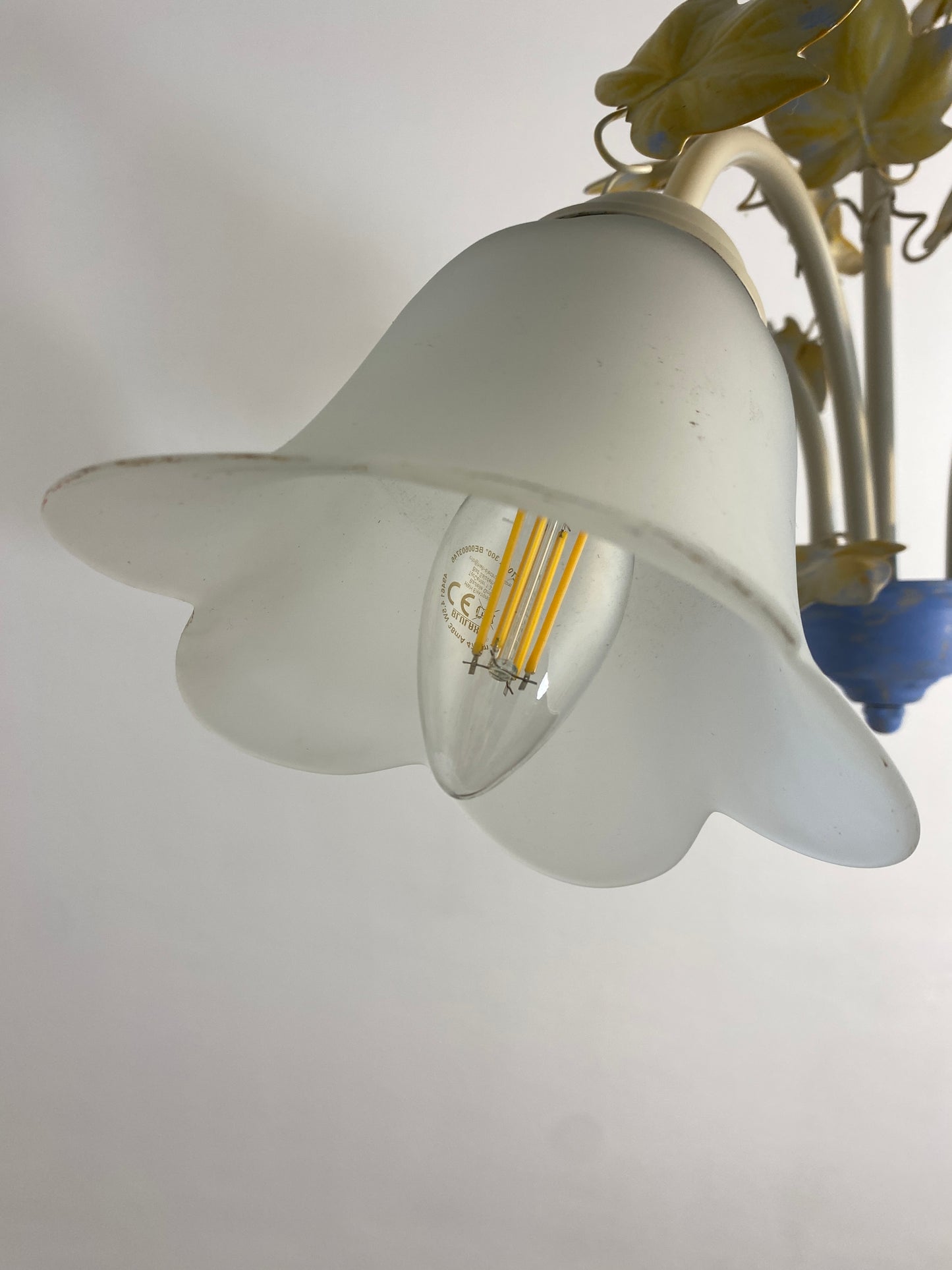 Vintage French Toleware Chandelier Frosted Glass Floral Ivy Shabby Chic 3-Light