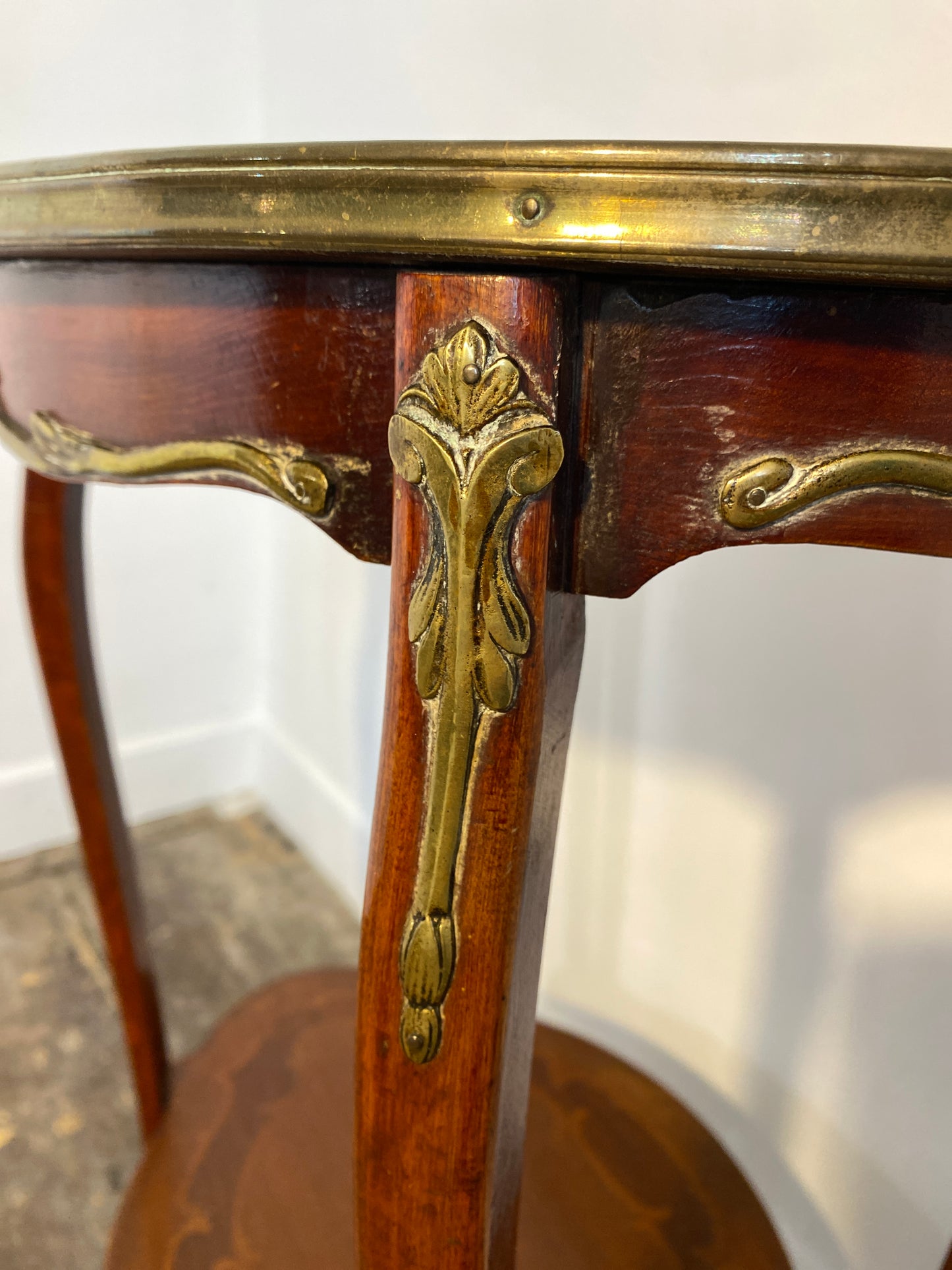 Antique French Louis XV Mahogany Side Table Ormolu Marquetry Brass c.1900