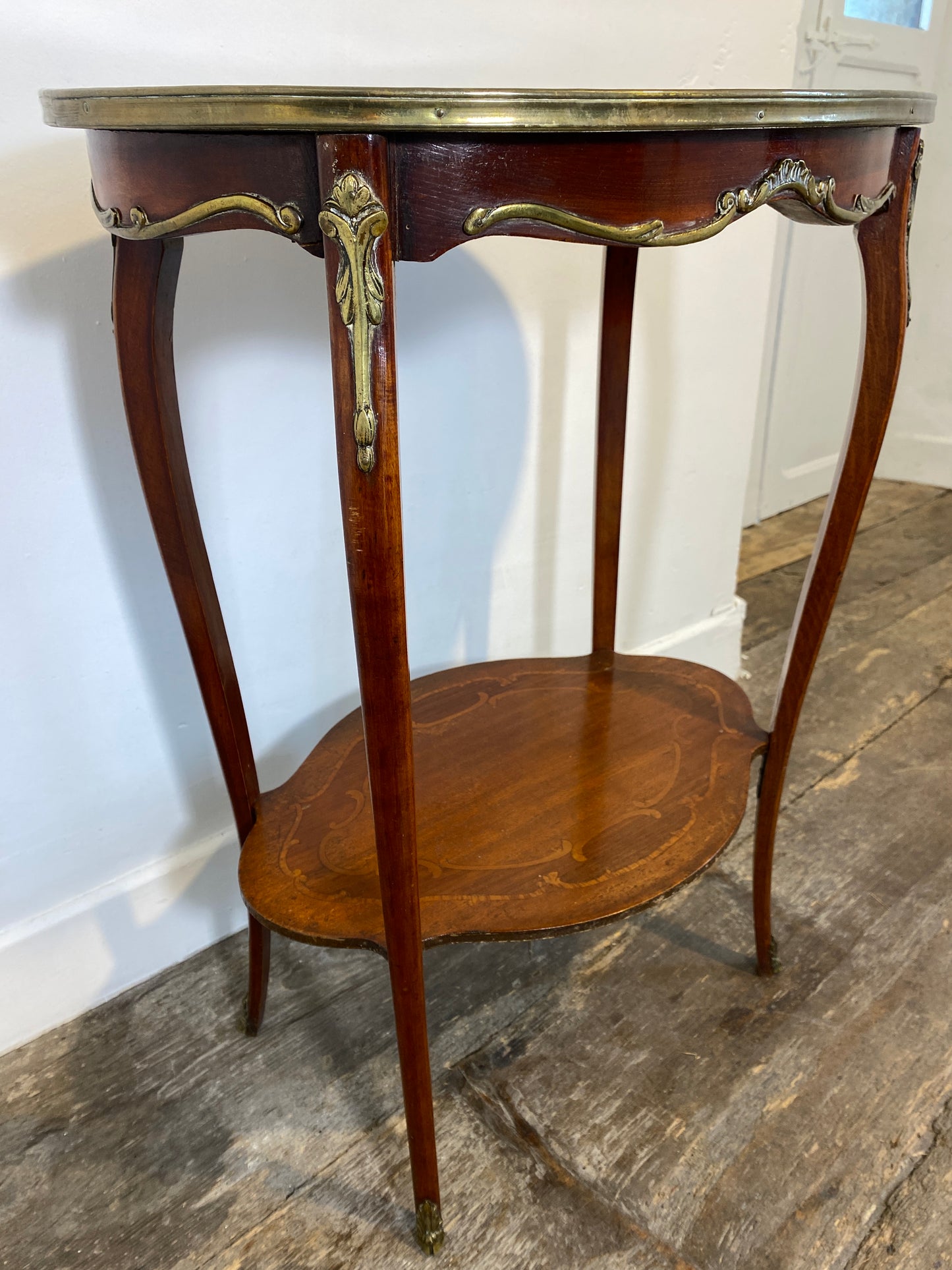 Antique French Louis XV Mahogany Side Table Ormolu Marquetry Brass c.1900