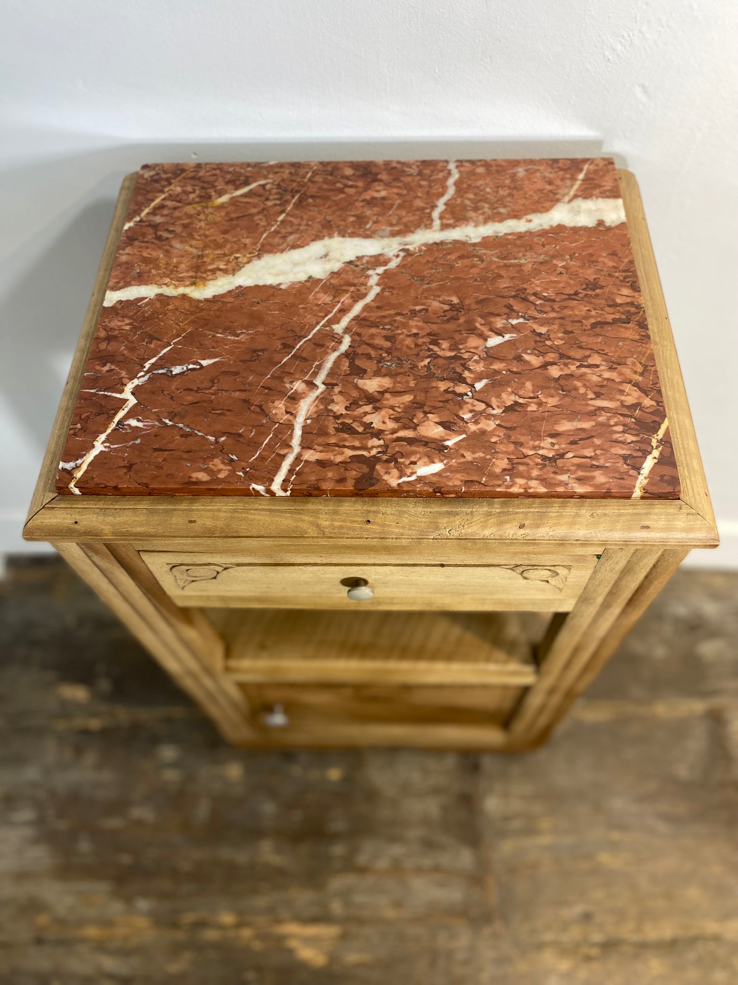 Antique Provincial Walnut Bedside Cabinet with Red Marble Top