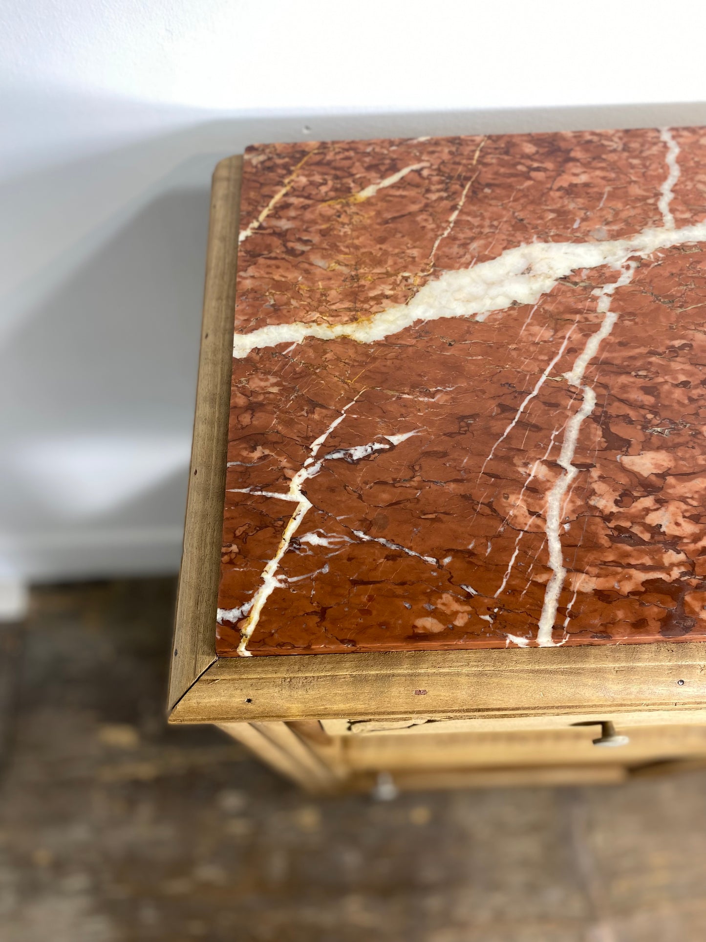 Antique Provincial Walnut Bedside Cabinet with Red Marble Top