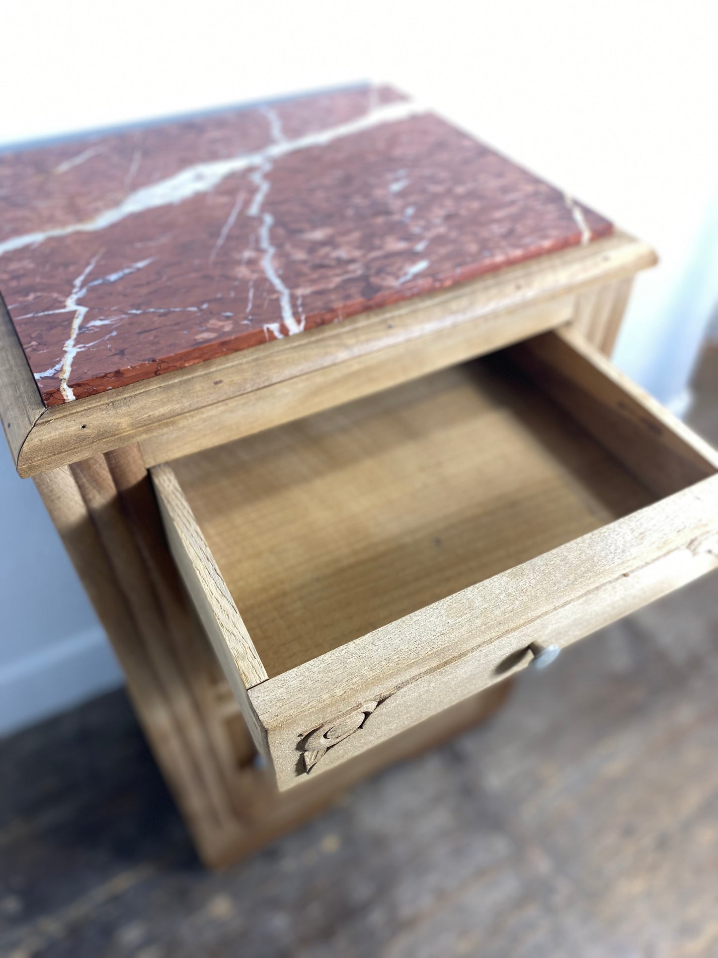 Antique Provincial Walnut Bedside Cabinet with Red Marble Top