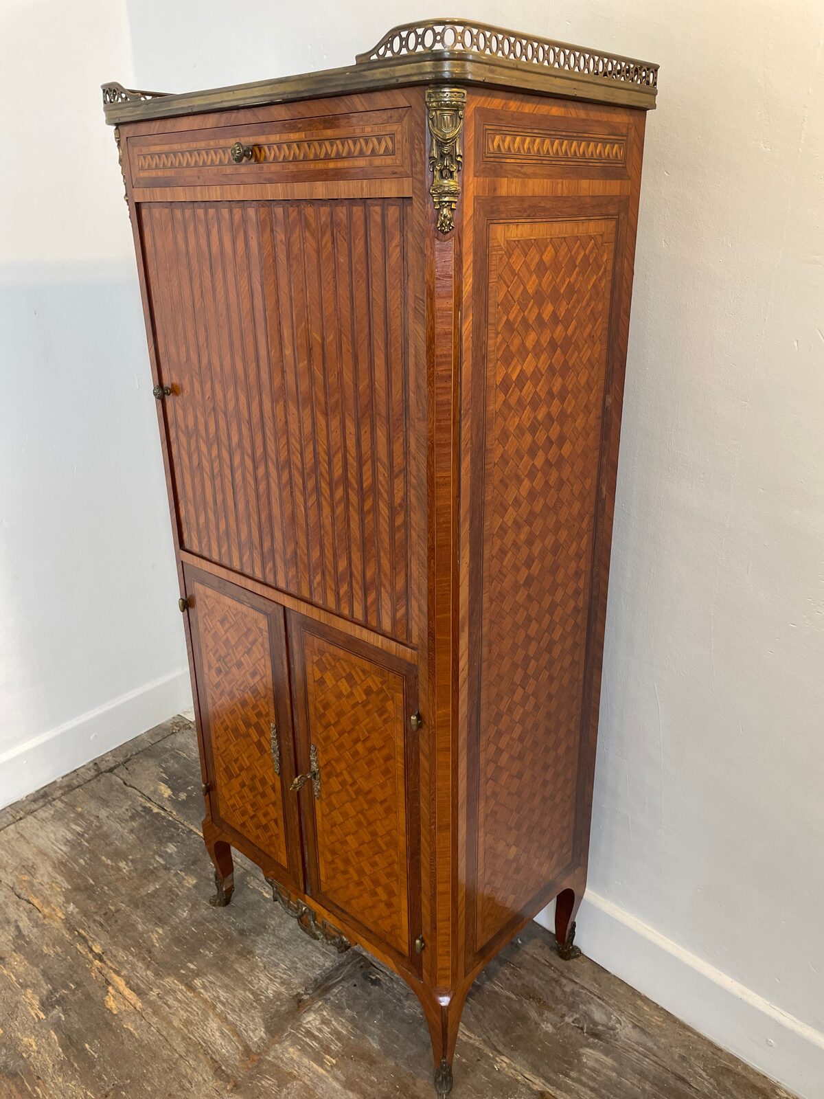 Exquisite Louis XVI-Style Marquetry Cabinet with Brass Gallery and Marble Top