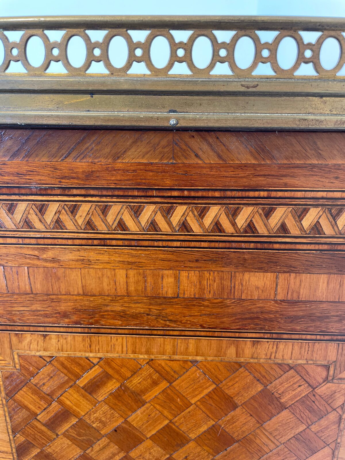 Exquisite Louis XVI-Style Marquetry Cabinet with Brass Gallery and Marble Top — photo 5