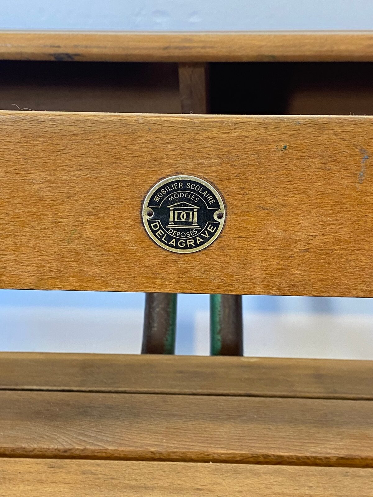 Vintage French School Desk by Delagrave – Wood & Metal Bench, Patina — photo 2