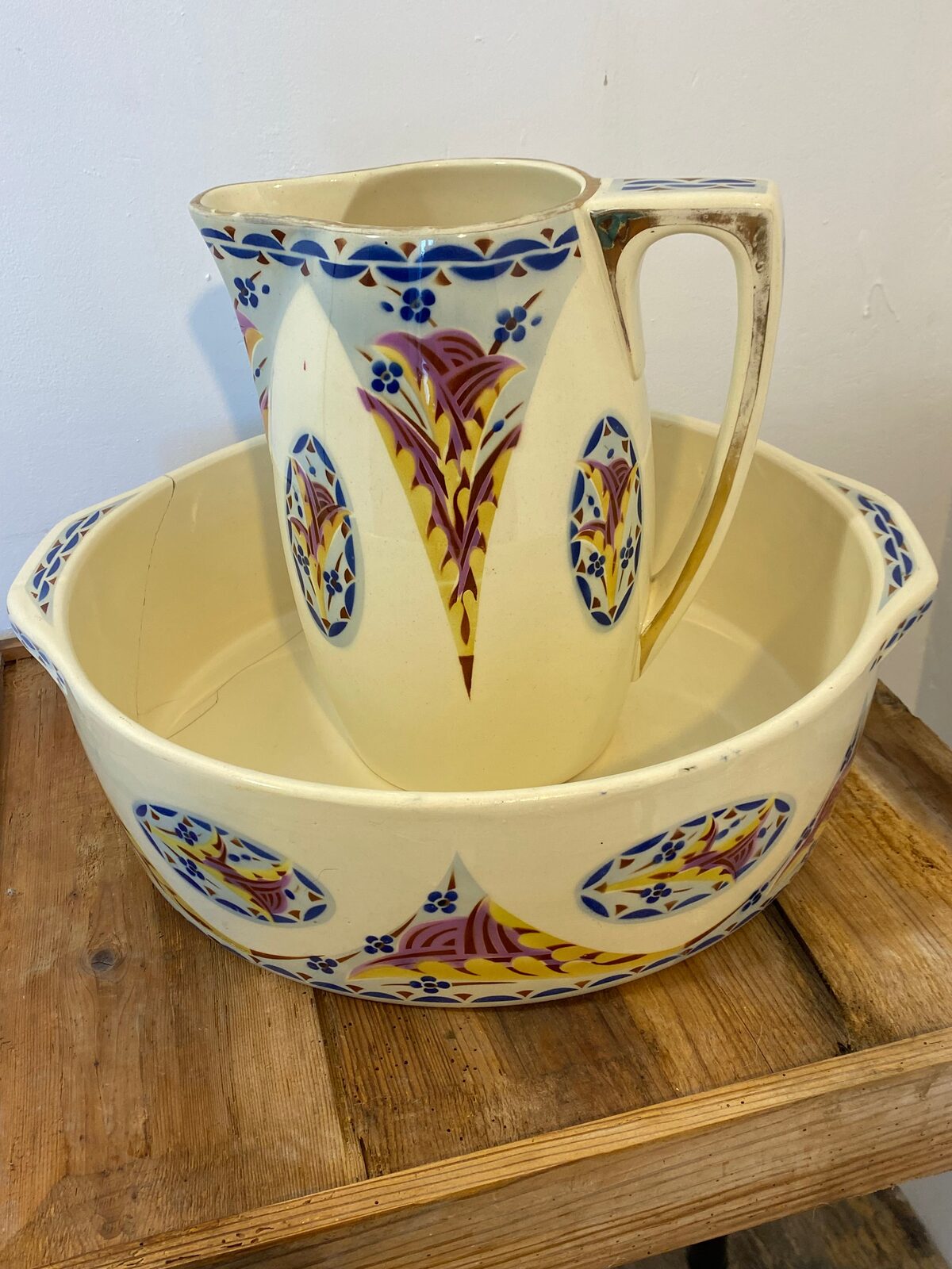 Vintage French Saint-Amand Art Deco Pitcher & Basin – Hand-Painted Floral