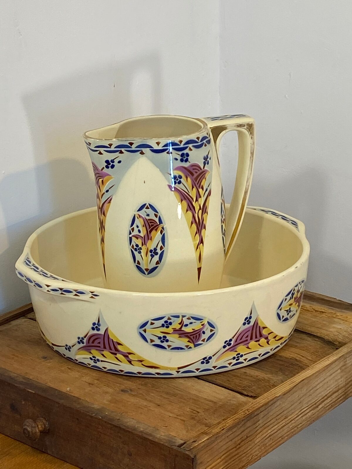 Vintage French Saint-Amand Art Deco Pitcher & Basin – Hand-Painted Floral — photo 2