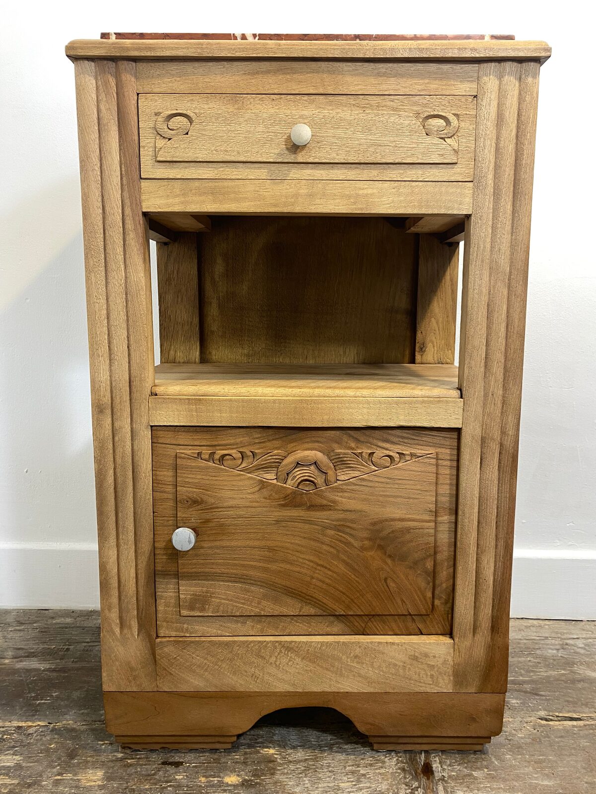 Antique Provincial Walnut Bedside Cabinet with Red Marble Top