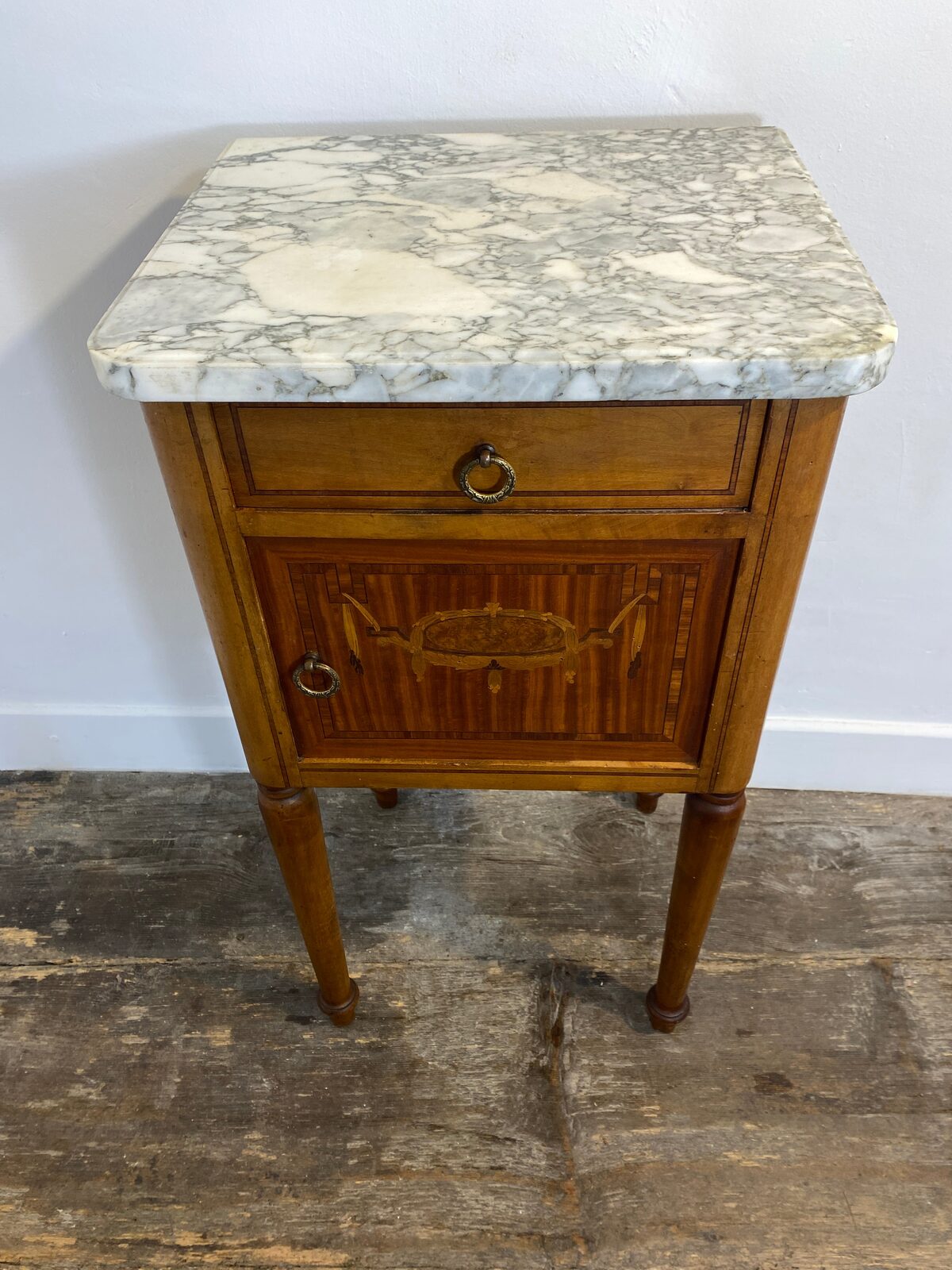 Antique Louis XVI-Style Marble-Top Nightstand with Marquetry