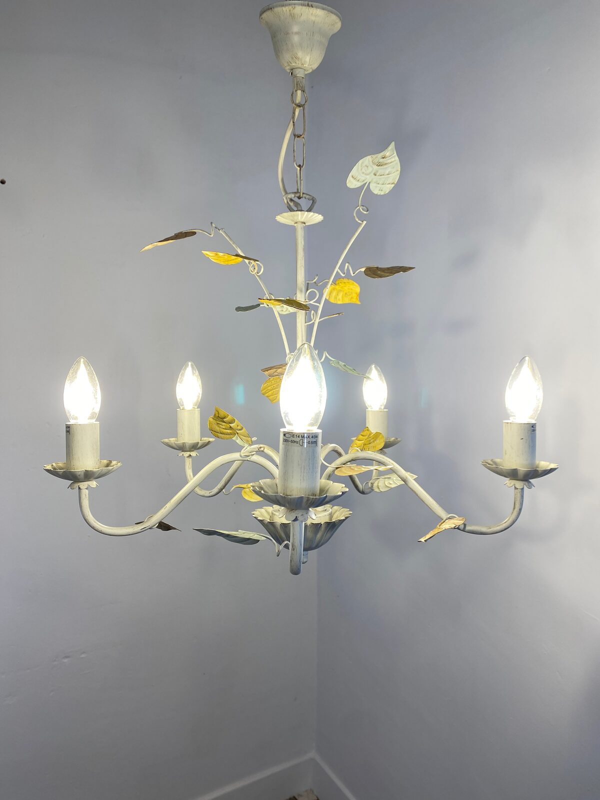 Vintage French Toleware Chandelier 5-Light Floral Leaf Shabby Chic Lighting