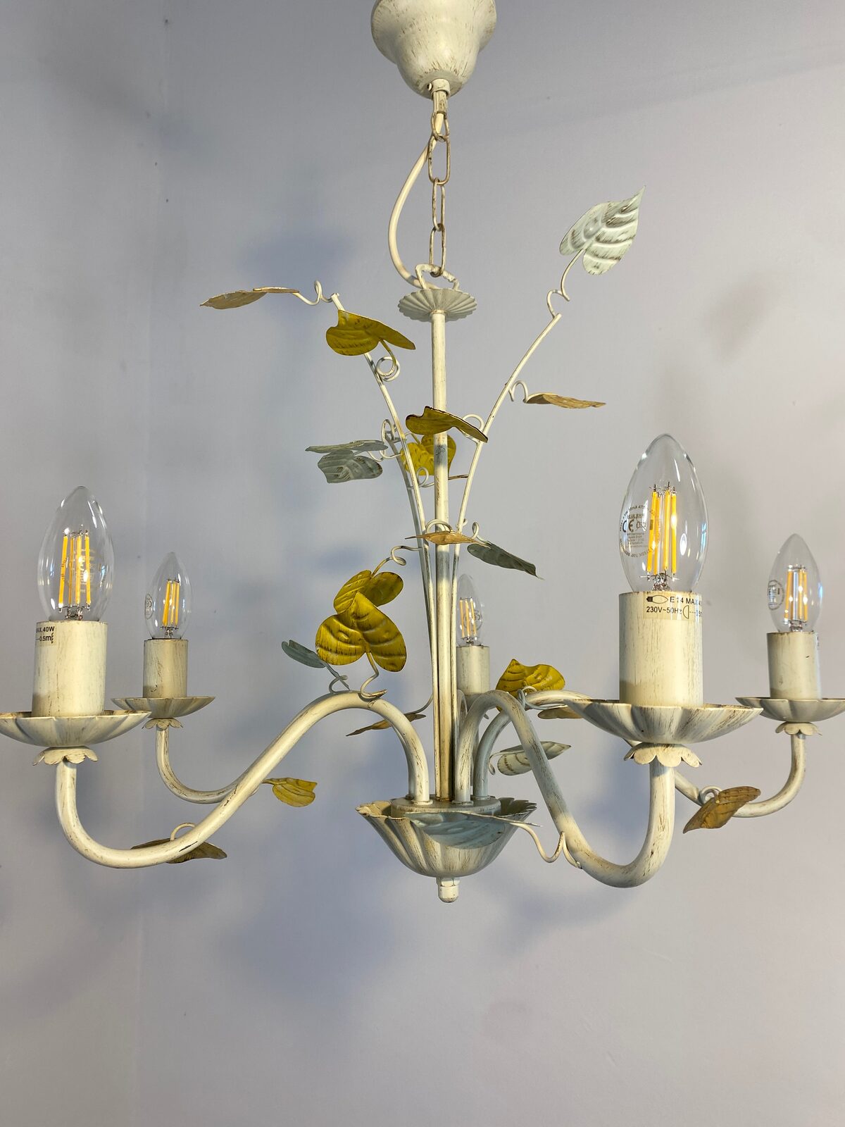 Vintage French Toleware Chandelier 5-Light Floral Leaf Shabby Chic Lighting — photo 13