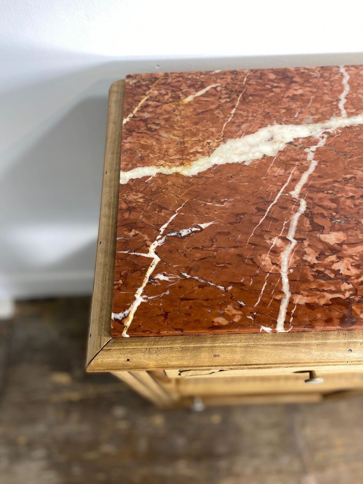 Antique Provincial Walnut Bedside Cabinet with Red Marble Top — photo 4