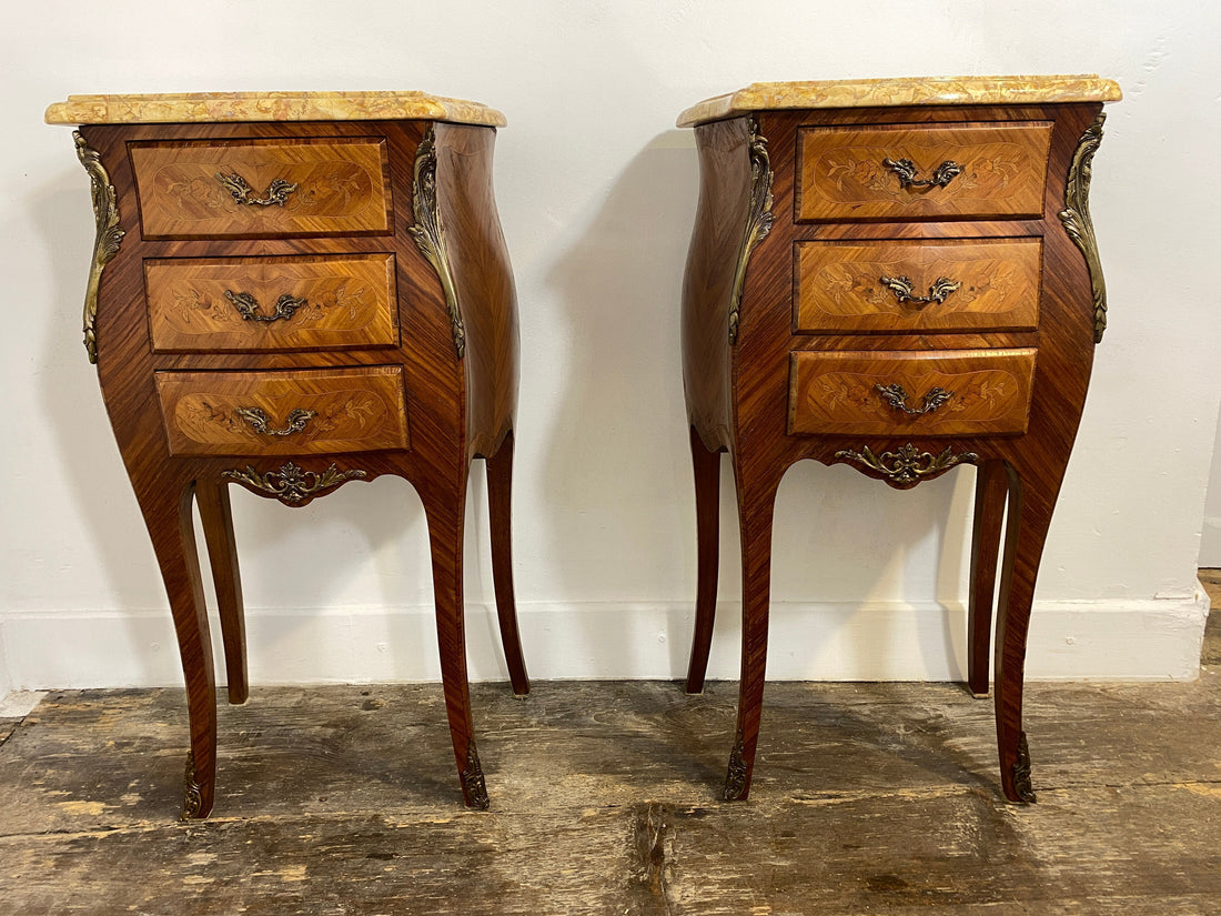 Pair of Louis XV-style vintage bedside cabinets with marble tops